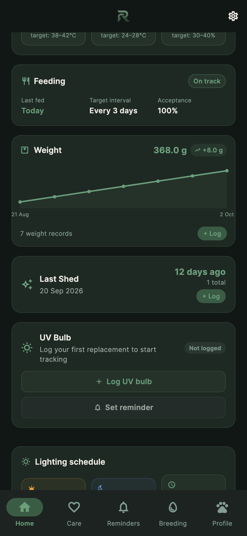 Reptex health dashboard showing feeding and weight history, with fictional demonstration records